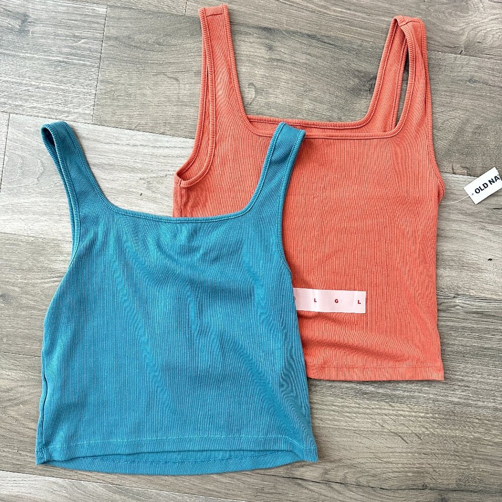 Lot of 2 Old Navy Square Neck Rib Knit Crop Tank Tops Teal Blue Rust Large